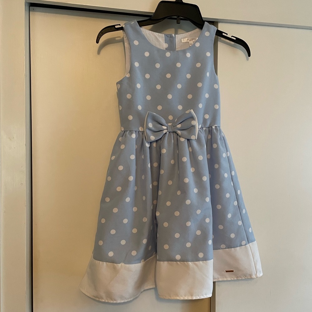 TAHARI Girls 7 Blue Polka Dot Sleeveless Fit & Flare Easter Dress